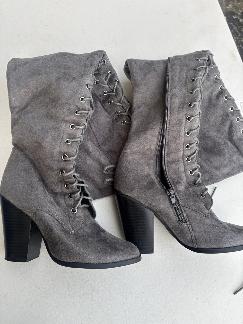 Gray Lace-Up Suede Mid-Calf Heeled Boots